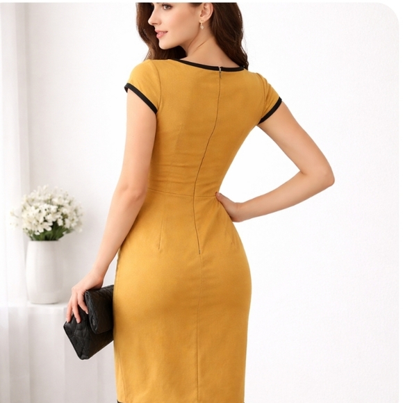 Donna Ricco New York | Elegant Beige Brown Dress Black Accents - Picture 2 of 7